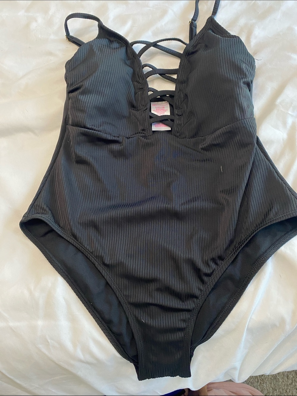 No Boundaries Black Ribbed One-Piece Swimsuit with Lace-Up Front